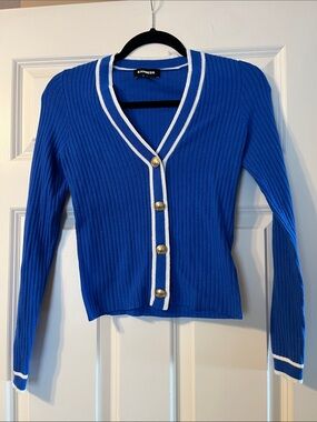 Express Blue Ribbed V‑Neck Cardigan with White Trim
